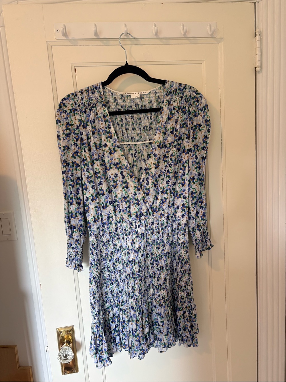 Veronica Beard White Mini Dress with Blue & Green Floral Print